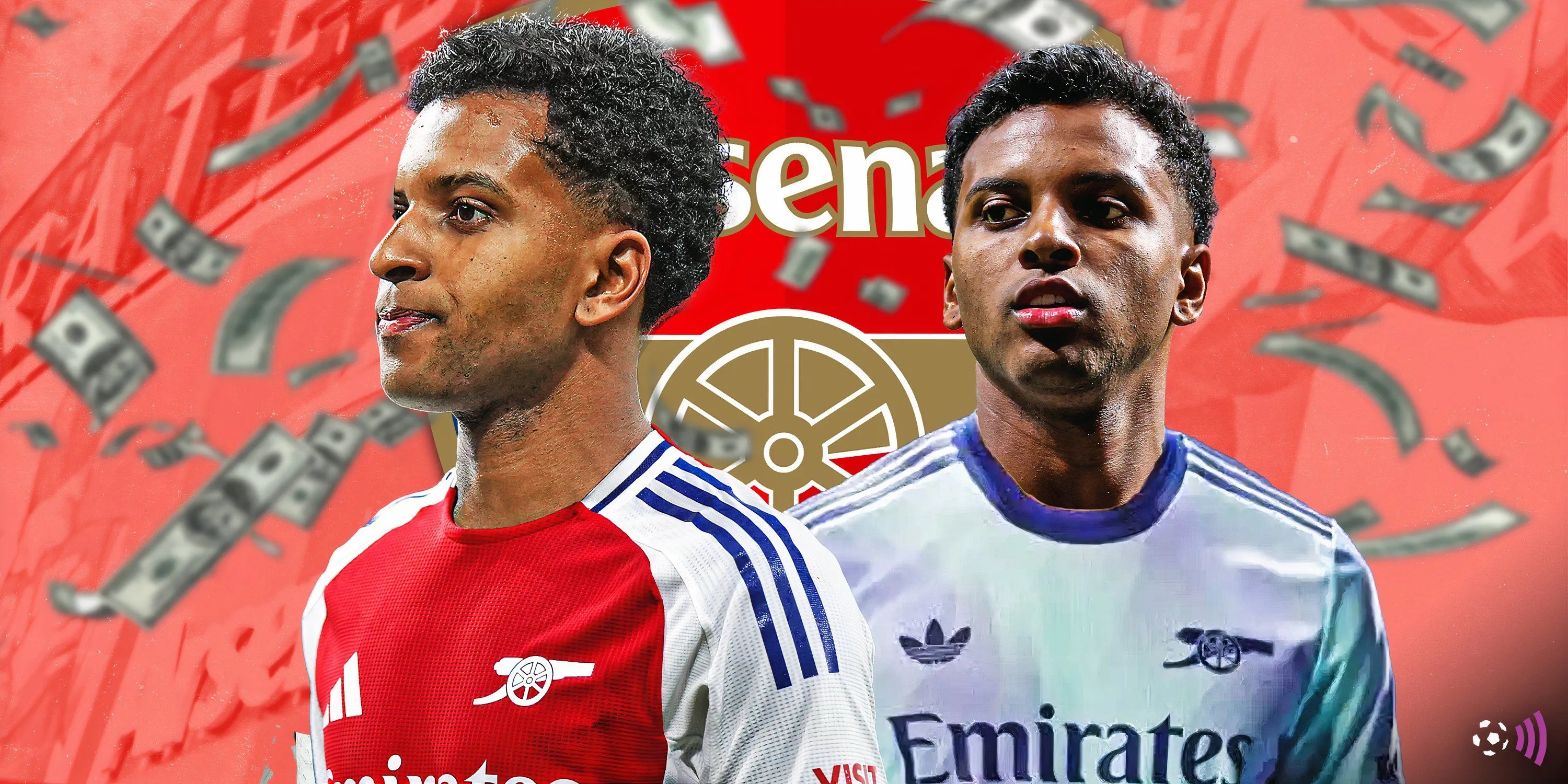 Hình ảnh Rodrygo với logo Arsenal làm nền